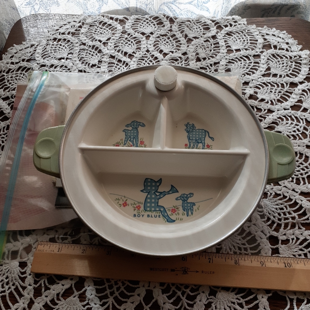 Lot of 1950s baby ephemera and Little Boy Blue warming bowl.